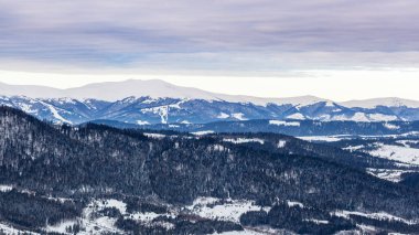Karla kaplı dağ zirvesi rüzgarla esiyor. Kış manzarası. Soğuk bir gün, karlı..