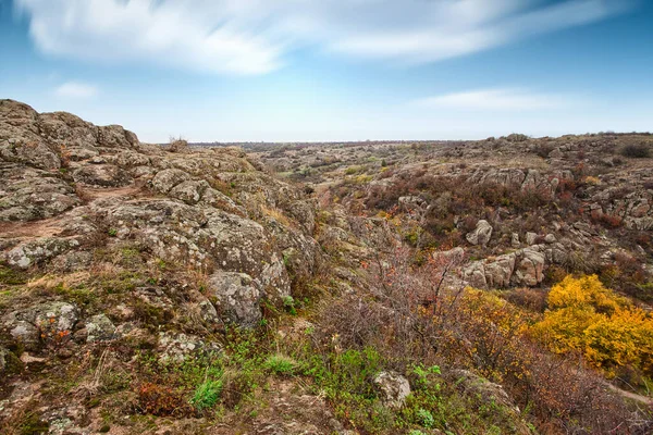 Resimli Ukrayna 'daki küçük bir nehrin üzerinde yeşil bitki örtüsüyle kaplı çok sayıda taş minerali ve onun güzel doğası.