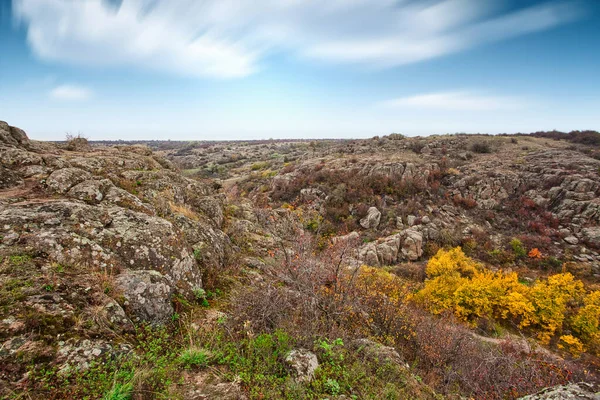 Resimli Ukrayna 'daki küçük bir nehrin üzerinde yeşil bitki örtüsüyle kaplı çok sayıda taş minerali ve onun güzel doğası.