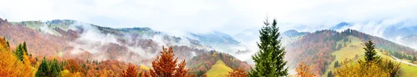 Herfstlandschap met mist in de bergen. Vuurbos op de heuvels. Karpaten, Oekraïne, Europa — Stockfoto