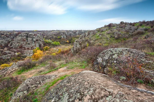 Большое количество каменных минералов, покрытых зеленой растительностью, лежащих над маленькой рекой в живописной Украине и ее прекрасной природе — стоковое фото