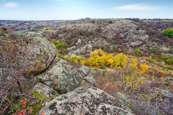 Duża liczba kamiennych minerałów pokrytych zieloną roślinnością leżącą nad małą rzeką w malowniczej Ukrainie i jej pięknej przyrodzie — Zdjęcie stockowe