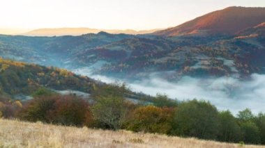 Sonbahar dağlarında güneşin doğuşunda destansı bir uçuş. Sarı ve kırmızı sonbahar ağaçları, arka planda sabah sisi. Sonbahar doğa ormanı geçmişi