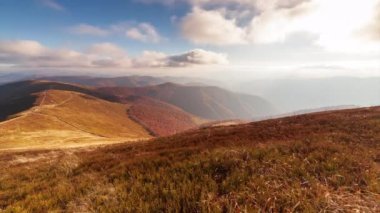 Carpathians, Pylypets, Ukraine. Mountain cloud top view landscape. Timelapse of the Magura-Dzhide mountain range in the Carpathians from the air. Mount Gemba. Shipit Karpat.
