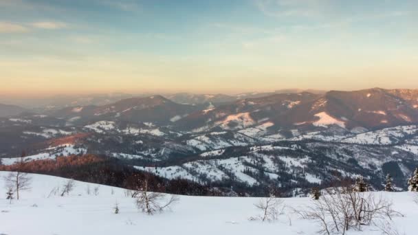 Hermoso Paisaje Invierno Las Montañas Sol Atraviesa Las Ramas Cubiertas — Vídeo de stock