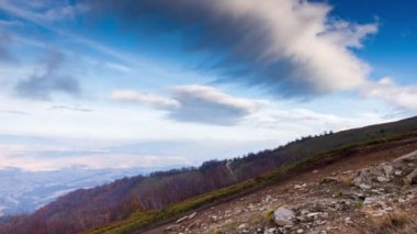 Carpathians, Pylypets, Ukraine. Mountain cloud top view landscape. Timelapse of the Magura-Dzhide mountain range in the Carpathians from the air. Mount Gemba. Shipit Karpat. High quality 4k footage.