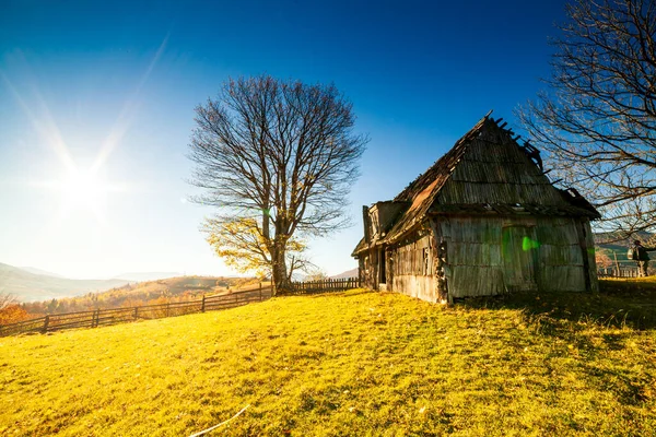 Old Abandoned Farmhouse Mountain Meadow Carpathians Beautiful Walking Landscape Ukraine — Fotografia de Stock