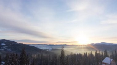 Soğuk bir sabah manzarasında kış ormanı dağlarında, karlı ağaçlar ve karlı hava manzarası. Yüksek kaliteli zaman dilimi.