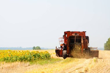 Tarlayı sürmek için kompleksi olan modern traktör sahada. Tarlalarda ve tarım endüstrisinde çalışma kavramı. Yüksek kalite fotoğraf