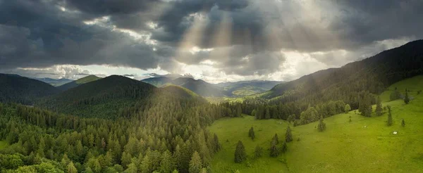 Széles Látószögű Panoráma Felvétel Gyönyörű Rétek Dombok Fák Synevyrska Tisztáson Stock Fotó