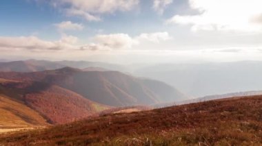 Carpathians, Pylypets, Ukraine. Mountain cloud top view landscape. Timelapse of the Magura-Dzhide mountain range in the Carpathians from the air. Mount Gemba. Shipit Karpat. High quality 4k footage.
