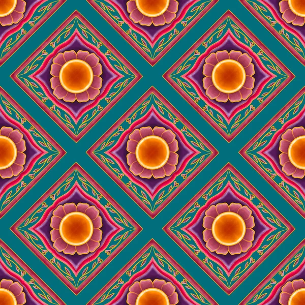 粉红橙花在绿茶上 几何东方图案传统的背景设计 插图绣花风格 — 图库照片