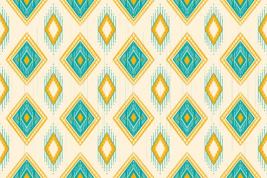 Sarı ve Yeşil Teal Fildişi. Geometrik etnik doğuya özgü geleneksel tasarım arka plan, halı, duvar kağıdı, giysi, ambalaj, Batik, kumaş, illüstrasyon nakış tarzı.