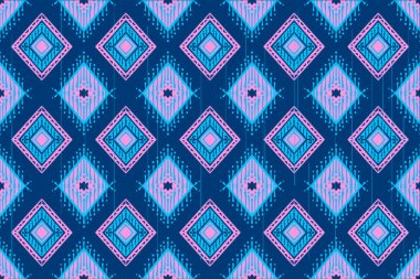 Lacivert üzerine Pembe ve Mavi. Geometrik etnik doğuya özgü geleneksel tasarım arka plan, halı, duvar kağıdı, giysi, ambalaj, Batik, kumaş, illüstrasyon nakış tarzı.
