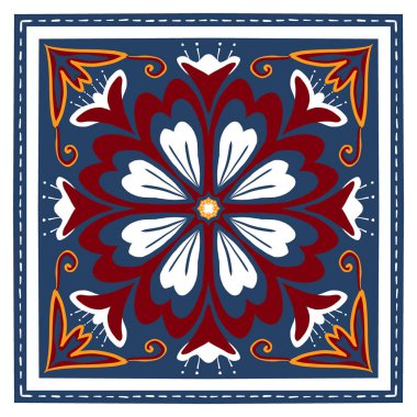 Kırmızı, sarı, beyaz lacivert atkı. Geometrik etnik doğuya özgü geleneksel tasarım arka plan, halı, duvar kağıdı, giysi, ambalaj, Batik, kumaş, illüstrasyon nakış tarzı