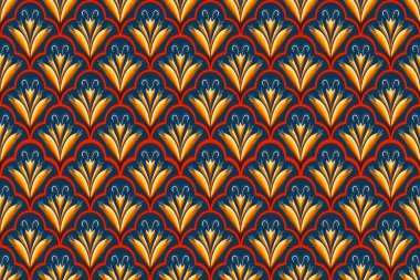 Sarı, Kırmızı, Beyaz lacivertte. Geometrik etnik doğuya özgü geleneksel tasarım arka plan, halı, duvar kağıdı, giysi, ambalaj, Batik, kumaş, illüstrasyon nakış tarzı