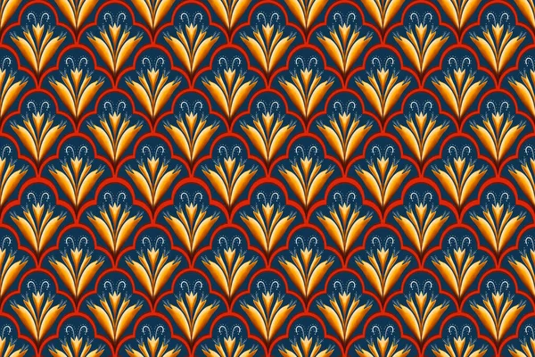 Sarı, Kırmızı, Beyaz lacivertte. Geometrik etnik doğuya özgü geleneksel tasarım arka plan, halı, duvar kağıdı, giysi, ambalaj, Batik, kumaş, illüstrasyon nakış tarzı