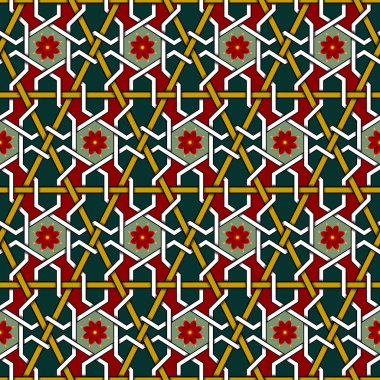 Yeşil Geometrik desenli kırmızı çiçek arka plan, halı, duvar kağıdı, giysi, ambalaj, Batik, kumaş, illüstrasyon nakış tarzı geleneksel tasarım.