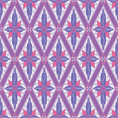 Beyaz üzerine pembe mor çiçek. Geometrik etnik doğuya özgü geleneksel tasarım arka plan, halı, duvar kağıdı, giysi, ambalaj, Batik, kumaş, illüstrasyon nakış tarzı