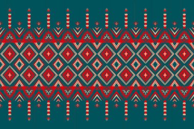 Mavi Teal 'e Kırmızı ve Turuncu Çiçek. Geometrik etnik doğuya özgü geleneksel tasarım arka plan, halı, duvar kağıdı, giysi, ambalaj, Batik, kumaş, illüstrasyon nakış tarzı