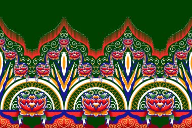 Sarı, Pembe, Yeşil Orman 'da Çiçek. Geometrik etnik doğuya özgü geleneksel tasarım arka plan, halı, duvar kağıdı, giysi, ambalaj, Batik, kumaş, illüstrasyon nakış tarzı.