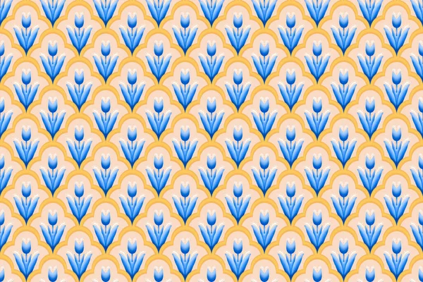 象牙色 黄色几何图形上的蓝色花朵传统图案的背景 插图绣花风格 — 图库照片