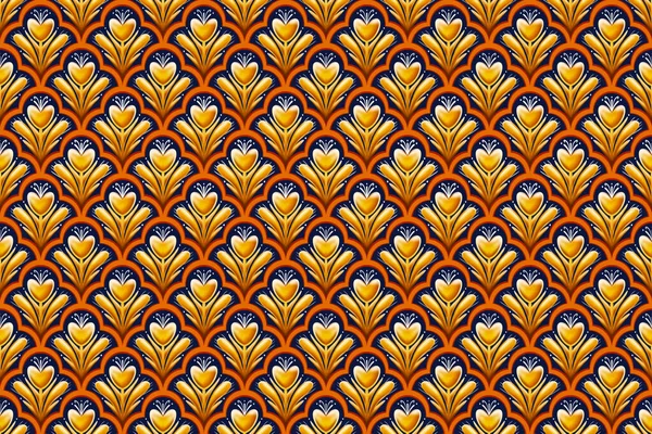 采购产品黄色的花在海军蓝色 橙色几何东方图案的背景 插图绣花风格的传统设计 — 图库照片