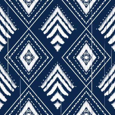 Indigo Blue 'ya Beyaz Elmas. Geometrik etnik doğuya özgü geleneksel tasarım arka plan, halı, duvar kağıdı, giysi, ambalaj, Batik, kumaş, illüstrasyon nakış tarzı.