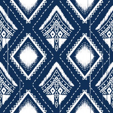 Indigo Blue 'ya Beyaz Elmas. Geometrik etnik doğuya özgü geleneksel tasarım arka plan, halı, duvar kağıdı, giysi, ambalaj, Batik, kumaş, illüstrasyon nakış tarzı.