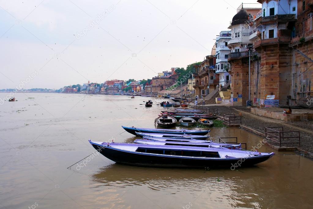 Boats on Ganges river in Varanasi, India