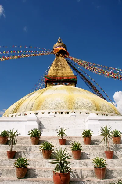 Στούπα με τα μάτια του Βούδα και σημαίες προσευχή στον καταγάλανο ουρανό έκφραση — Φωτογραφία Αρχείου