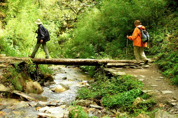 Randonneurs dans les montagnes de l'Himalaya, zone de conservation de l'Annapurna — Photo