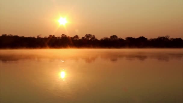 Soluppgång på kavango floden whit dimma på vatten ytan, caprivi regionen. — Stockvideo