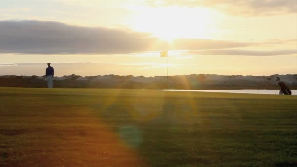 Twilight algarve içinde oynayan golfçü siluet — Stok video