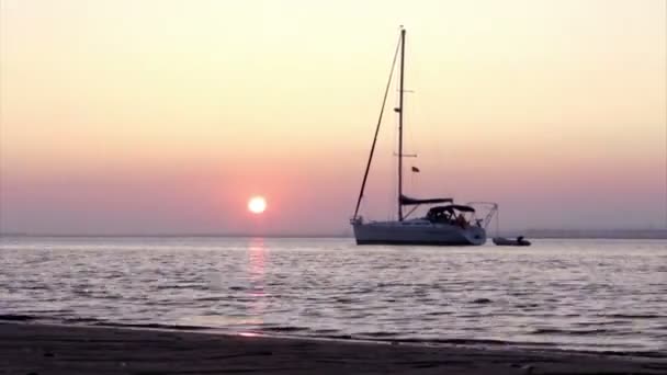 Під час заходу сонця timelapse & човен силует в Ріа Формоза водно-болотних угідь природні збереження область ландшафту, Алгарве, півдні Португалії. — стокове відео