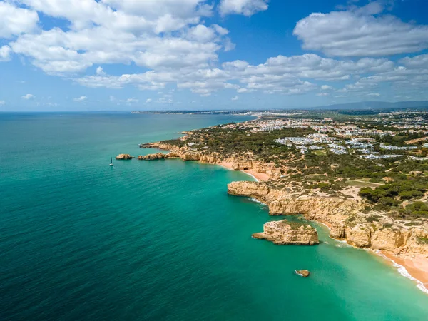 Aerial Seascape Algarve Barlavento Rocky Cliff Coast Popular Beach Destination — Foto Stock