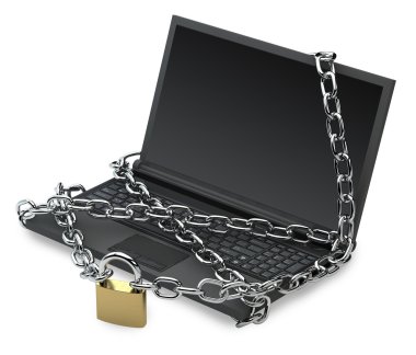 Laptop wrapped around with metal chain and locked clipart