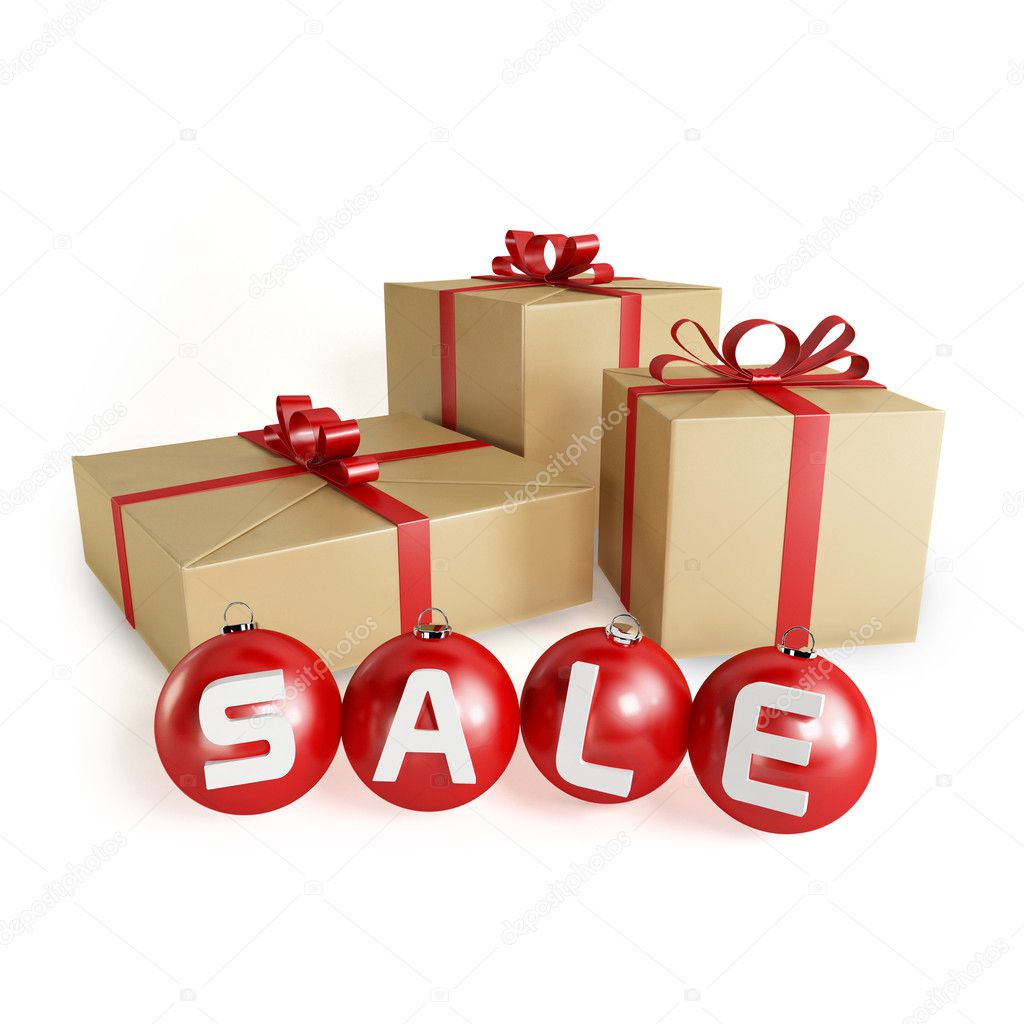 Christmas sale with gifts and balls, isolated