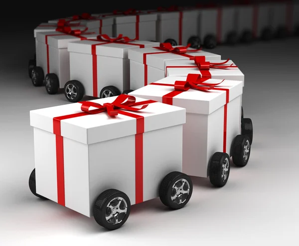 Cajas de regalo convoy sobre ruedas — Foto de Stock