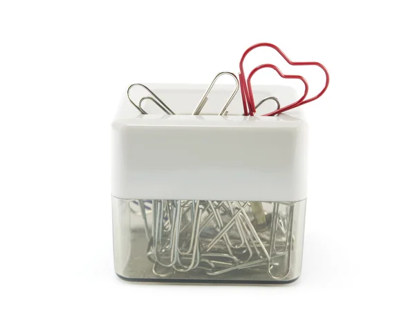 Box of clips with clip red heart — Stock Photo, Image