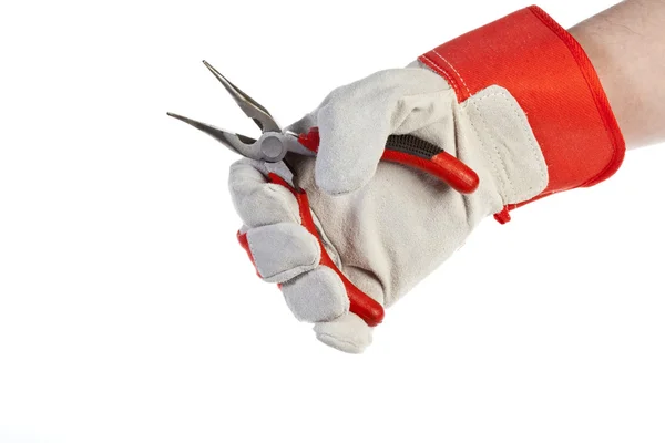 Hand met bescherming handschoen houden tangen — Stockfoto