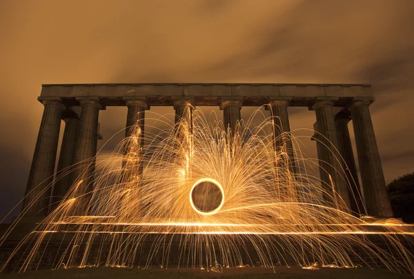 Sparking fire ring on National Monument, Edinburgh, Scotland. — Stock Photo, Image