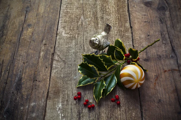 Twig of holly tree lying on old wooden floor — Stock Photo, Image