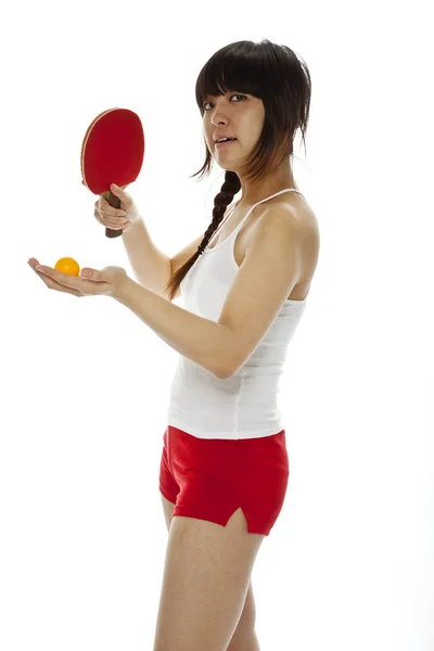 Joven mujer asiática con raqueta de ping-pong — Foto de Stock