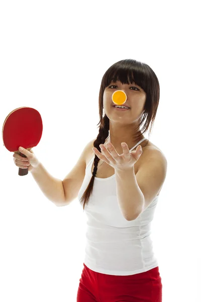 Oung mulher asiática com uma raquete de ping-pong — Fotografia de Stock