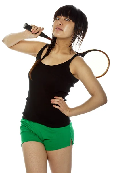 Young Asian woman with a badminton racket — Stock Photo, Image