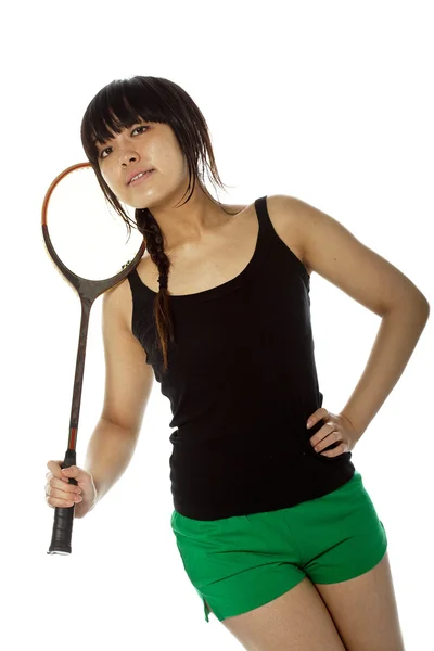 Jovem mulher asiática com uma raquete de badminton — Fotografia de Stock