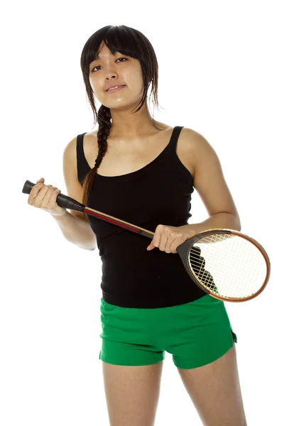 Jovem mulher asiática com uma raquete de badminton — Fotografia de Stock