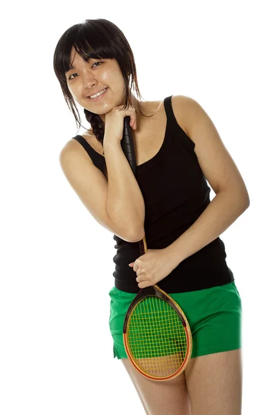 Młoda kobieta Azji z rakiety do badmintona — Zdjęcie stockowe