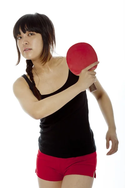 Young Asian woman with a ping-pong racket isolated on white — Stock Photo, Image